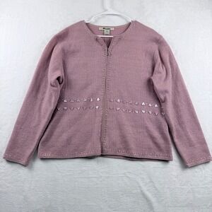 Nygard Collection Cardigan Mauve Pink Metallic Beaded Wool Blend Zip Up Size L